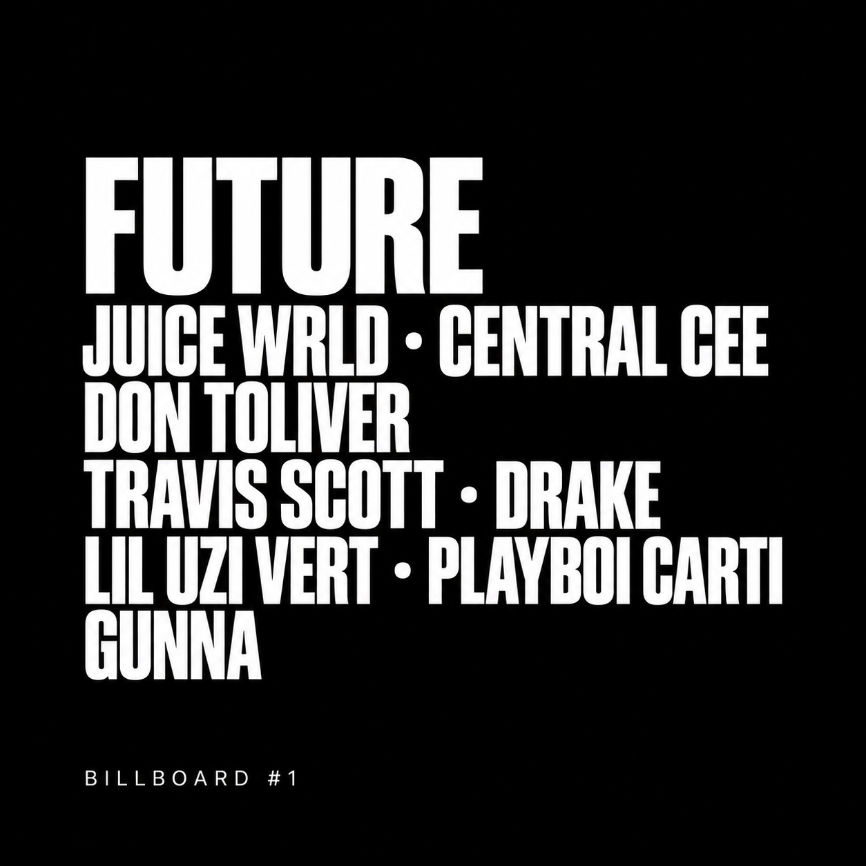 Production credits poster: Future, Juice WRLD, Central Cee, Don Toliver, Travis Scott, Drake, Lil Uzi Vert, Playboi Carti, Gunna — Billboard #1